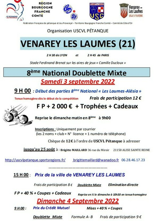 Concours de pétanque en Doublette Mixte - Grand Prix - Venarey-les-Laumes