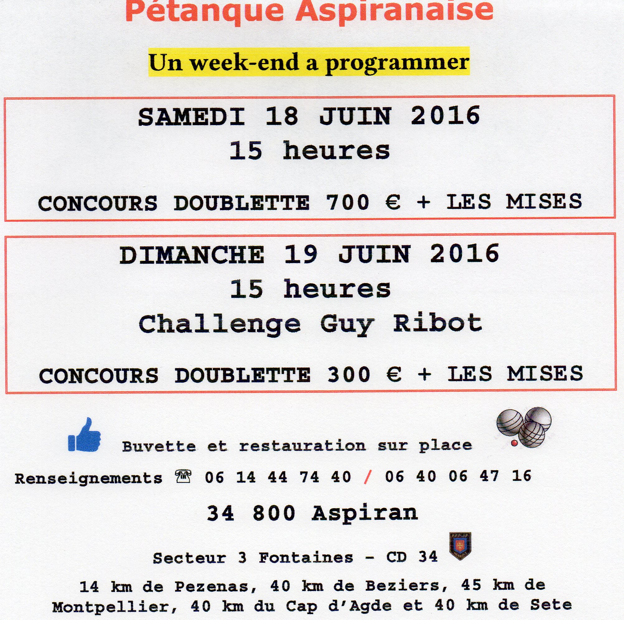 Concours de juin 2016 - Actualité du club de pétanque Pétanque Aspiranaise