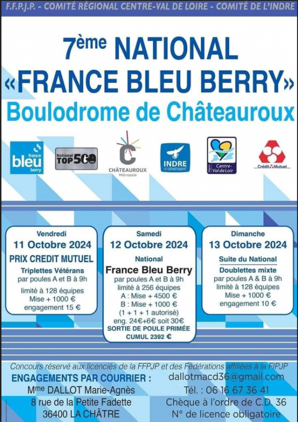 Concours en Triplette le 12 octobre 2024 - Châteauroux - 36000