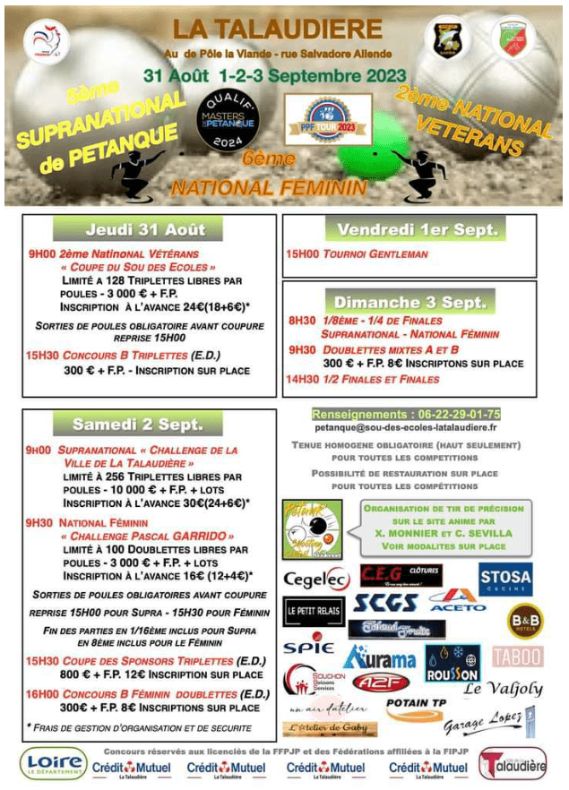 Concours en Triplette le 2 septembre 2023 - La Talaudière - 42350