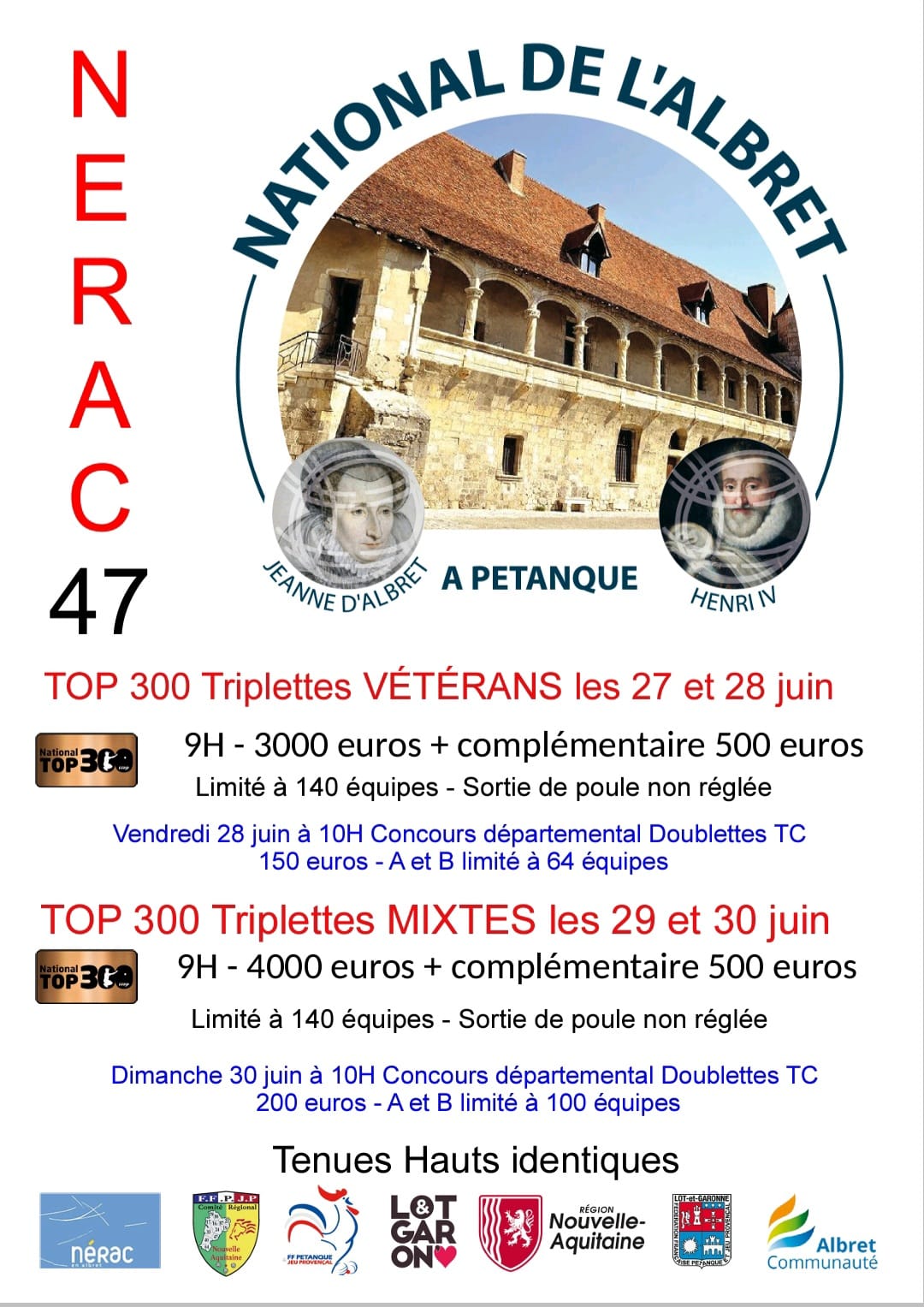 Concours en Triplette le 27 juin 2024 - Nérac - 47600