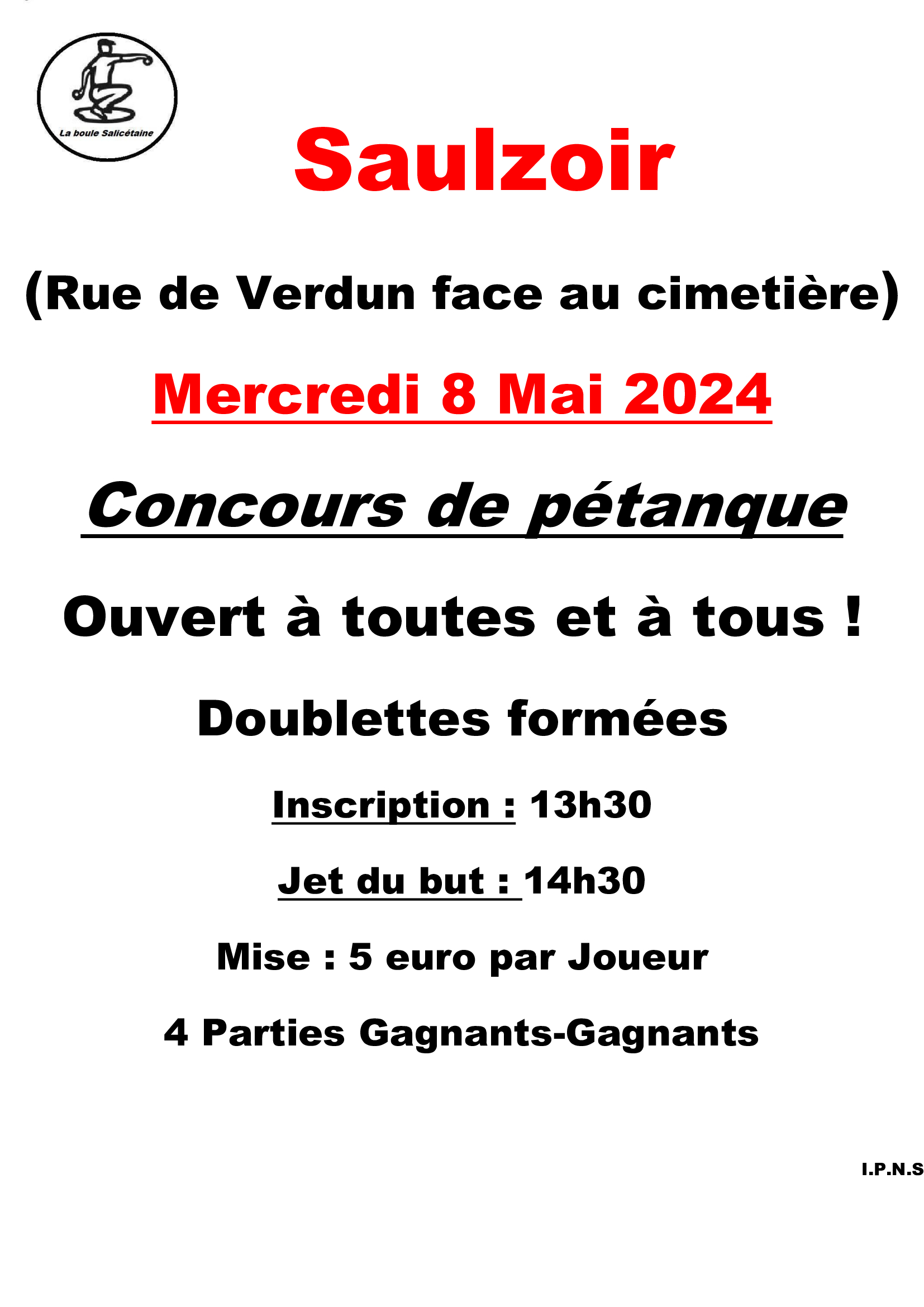 Concours en Doublette le 8 mai 2024 - Saulzoir - 59227