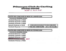 Concours en Doublette le 23 janvier 2026 - Carling - 57490