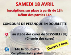 Concours en Doublette le 18 avril 2026 - Seyssuel - 38200