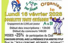 Concours de pétanque Ouvert à tous en Doublette le 16 février 2026 - Vitry-sur-Seine - Val-de-Marne - 94