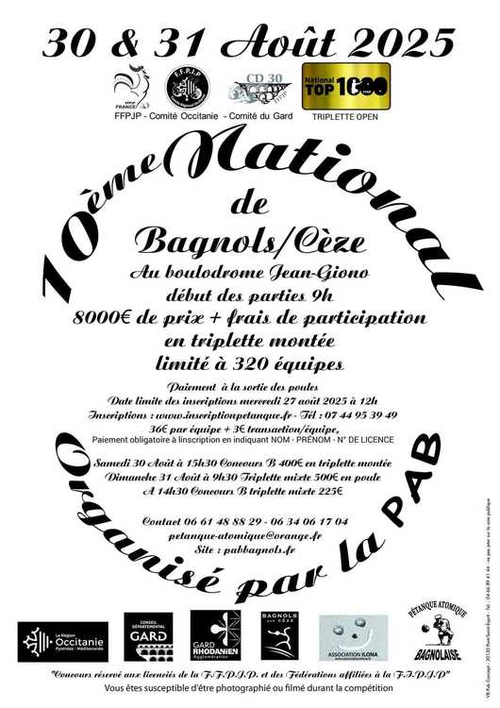 Concours de pétanque en Triplette - National TOP 1000 et + - Bagnols-sur-Cèze