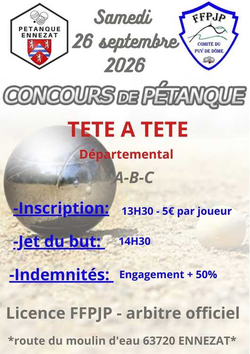 Concours de pétanque en Tête à tête - Départemental - ENNEZAT