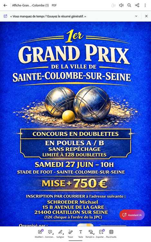 Concours de pétanque en Doublette - Grand Prix - La Joyeuse Pétanque Colombine
