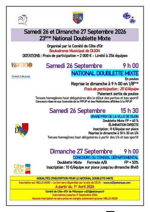 Concours de pétanque en Doublette Mixte - National TOP 300 - Dijon