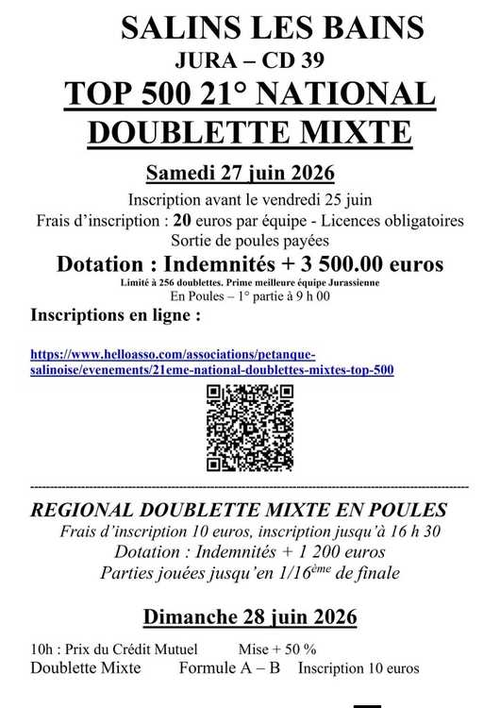 Concours de pétanque en Doublette Mixte - National TOP 500 - Salins Les Bains