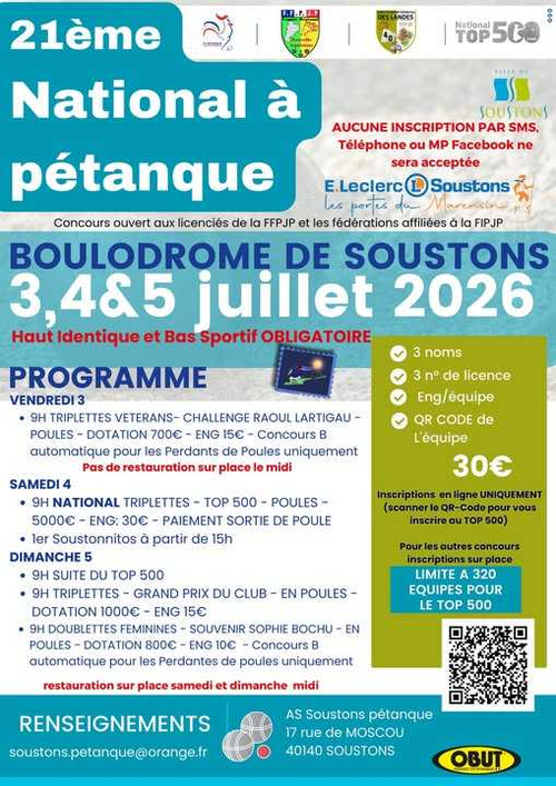 Concours de pétanque en Triplette - National TOP 500 - Soustons