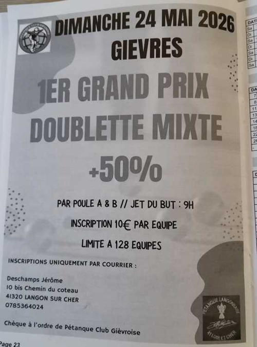 Concours de pétanque en Doublette Mixte - Grand Prix - Gievres/Langon