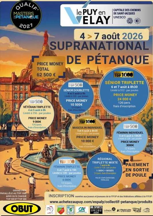 Concours de pétanque en Doublette - National TOP 500 - Le Puy En Velay
