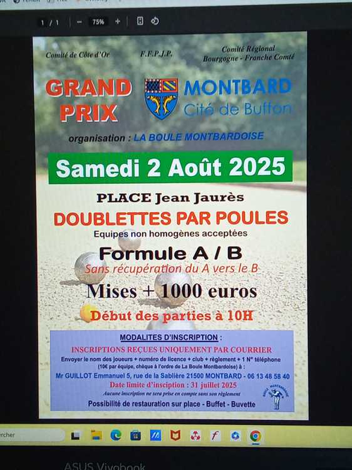 Concours de pétanque en Doublette - Grand Prix - Montbard