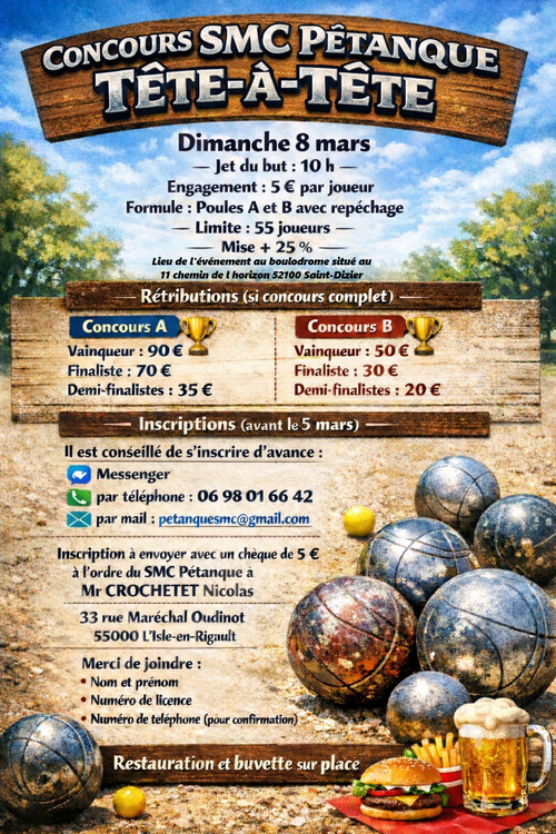 Concours de pétanque en Tête à tête - Départemental - Saint-Dizier