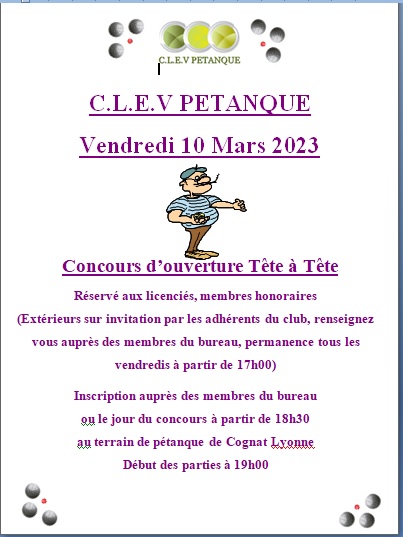 CONCOURS TÊTE A TÊTE - Actualité du club de pétanque CLEV PETANQUE