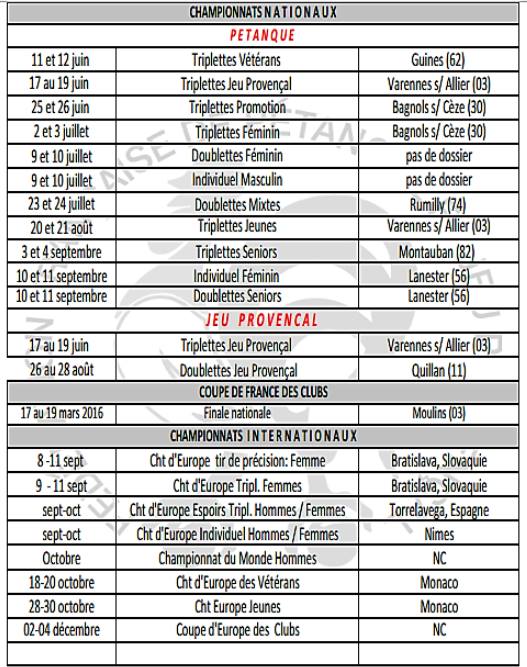 Les dates de championnats 2016 Pétanque - Actualité Pétanque Génération
