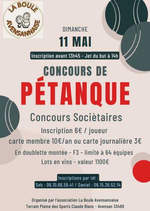 Concours en Doublette le 11 mai 2025 - Avensan - 33480
