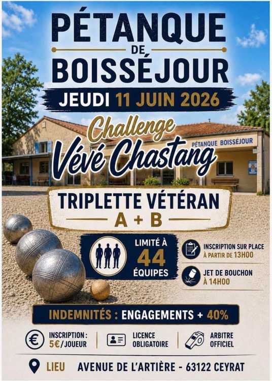 Concours en Triplette le 11 juin 2026 - Lieu à définir (63) - 00000