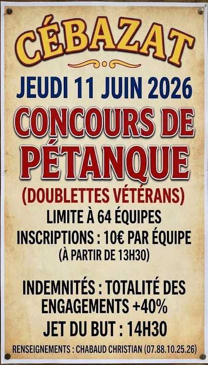 Concours en Doublette le 11 juin 2026 - Lieu à définir (63) - 00000
