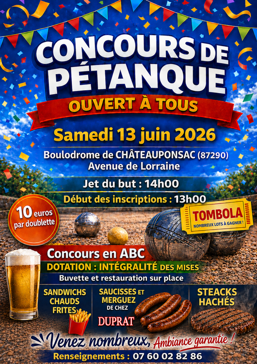 Concours en Doublette le 13 juin 2026 - Châteauponsac - 87290