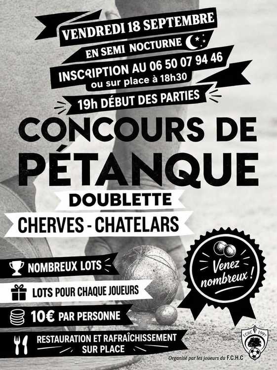 Concours en Doublette le 18 septembre 2026 - Cherves-Châtelars - 16310
