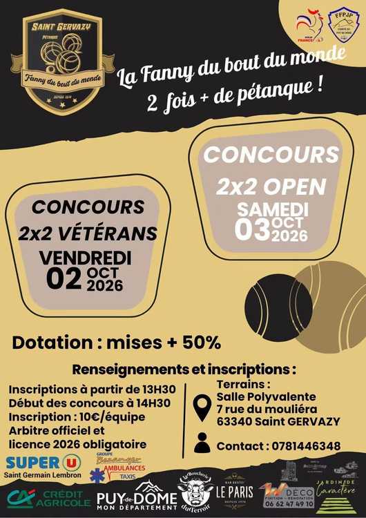 Concours en Doublette le 3 octobre 2026 - Lieu à définir (63) - 00000