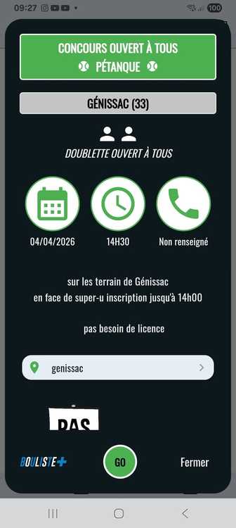 Concours en Doublette le 4 avril 2026 - Génissac - 33420