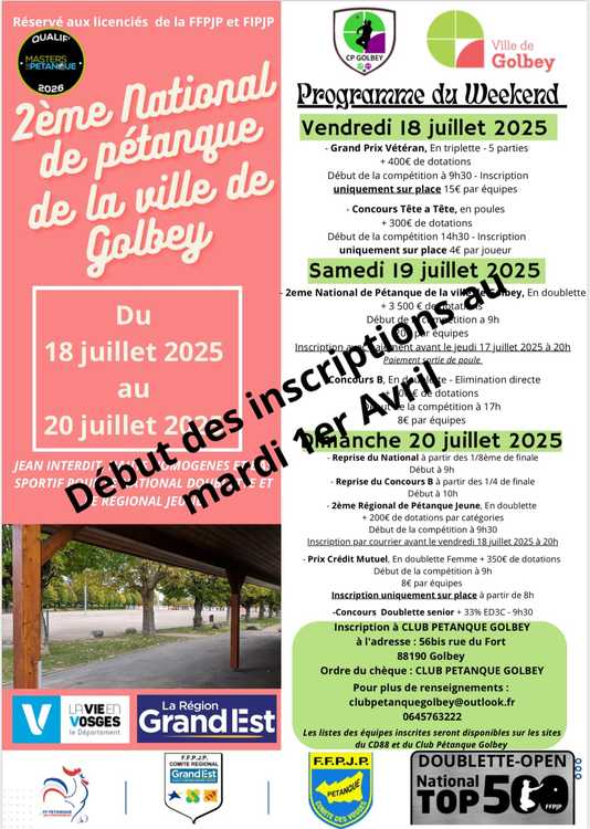 Concours en Doublette le 19 juillet 2025 - Golbey - 88190