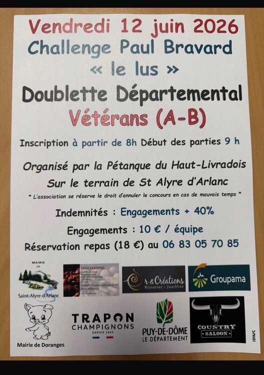 Concours en Doublette le 12 juin 2026 - Lieu à définir (63) - 00000