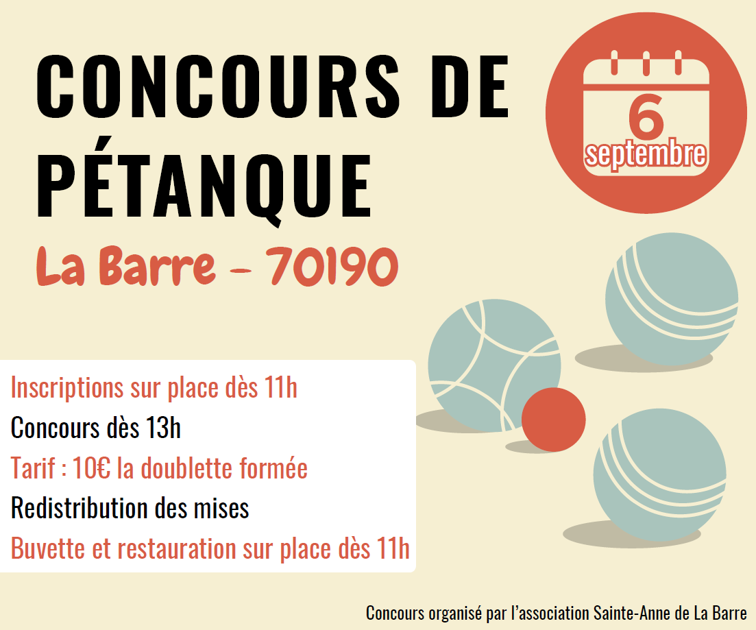 Concours en Doublette le 6 septembre 2025 - La Barre - 70190