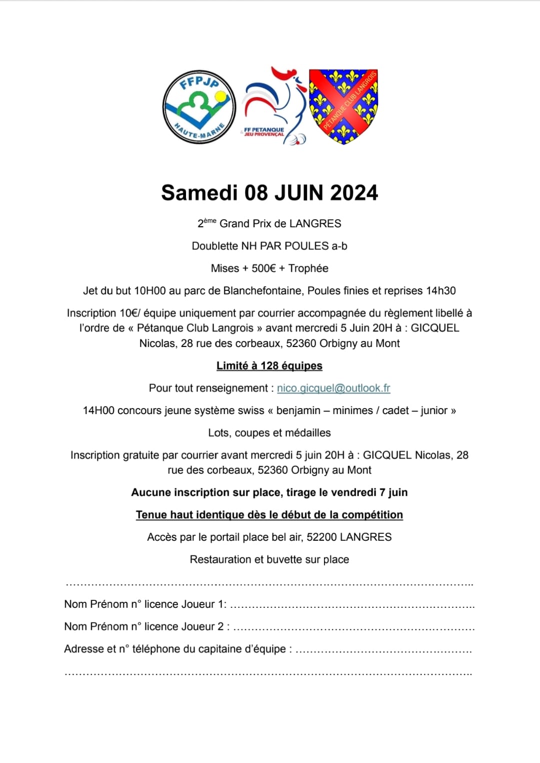 Concours en Doublette le 8 juin 2024 - Langres - 52200
