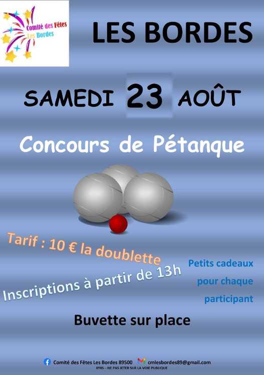 Concours en Doublette le 23 août 2025 - Les Bordes - 89500