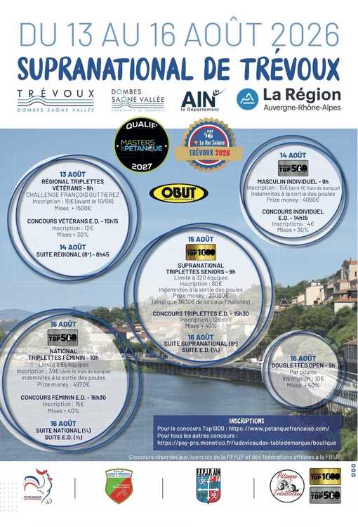 Photo du concours national de pétanque et jeu provençal National TOP 500 à Trevoux (01) en Triplette du 15/08/2026 - Jet du but à 10H00