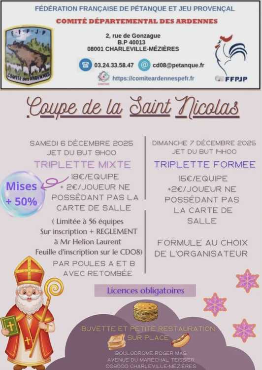 Concours en Triplette Mixte le 6 décembre 2025 - Lieu à définir (08) - 00000