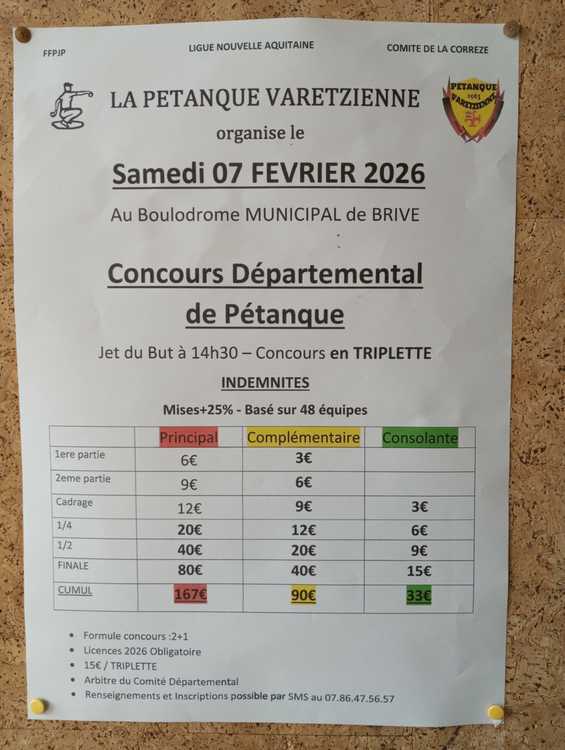 Concours en Triplette le 7 février 2026 - Lieu à définir (19) - 00000