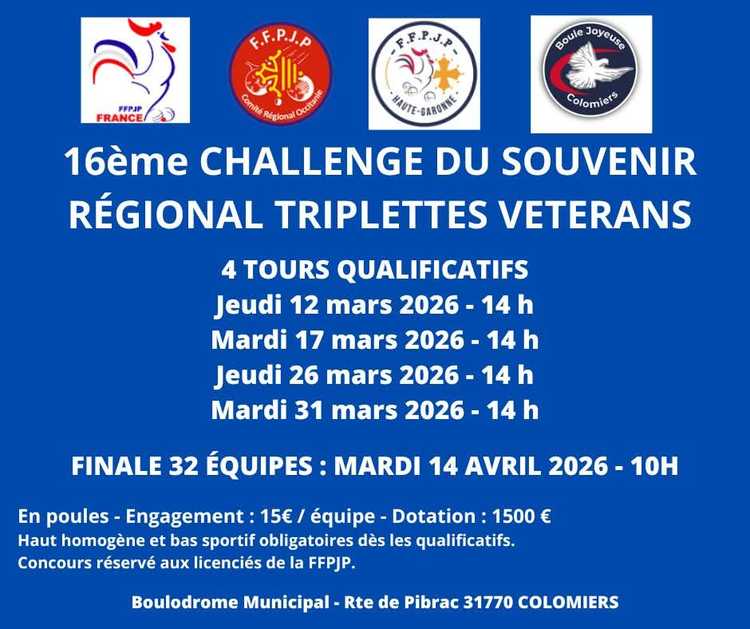 Concours en Triplette le 12 mars 2026 - Lieu à définir (31) - 00000