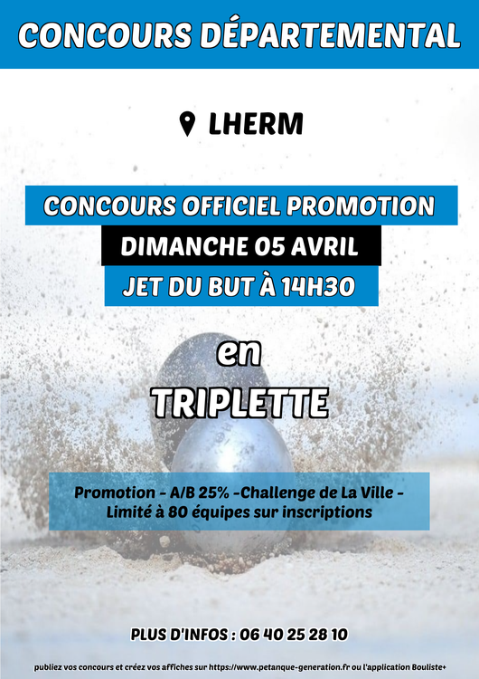 Concours en Triplette le 5 avril 2026 - Lieu à définir (31) - 00000