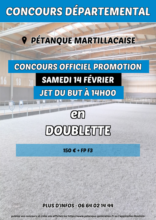 Concours en Doublette le 14 février 2026 - Lieu à définir (33) - 00000