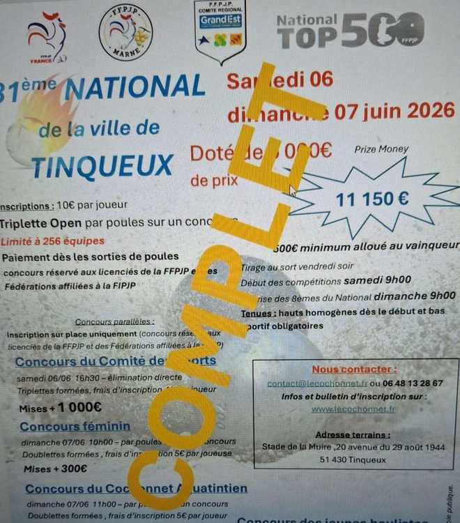 Photo du concours national de pétanque et jeu provençal National TOP 500 à Tinqueux (51) en Triplette du 06/06/2026 - Jet du but à 09H00
