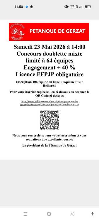 Concours en Doublette Mixte le 23 mai 2026 - Lieu à définir (63) - 00000