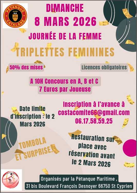 Concours en Triplette le 8 mars 2026 - Lieu à définir (66) - 00000