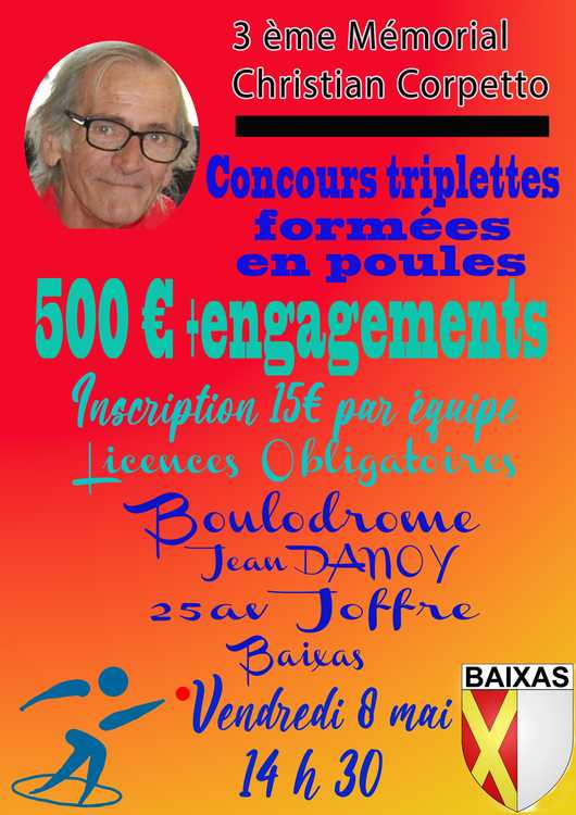 Concours en Triplette le 8 mai 2026 - Lieu à définir (66) - 00000