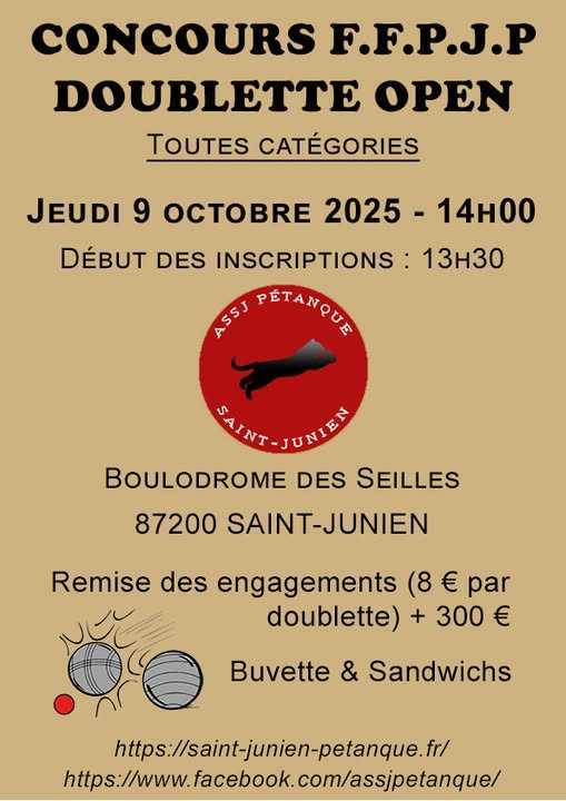 Concours en Doublette le 9 octobre 2025 - Lieu à définir (87) - 00000