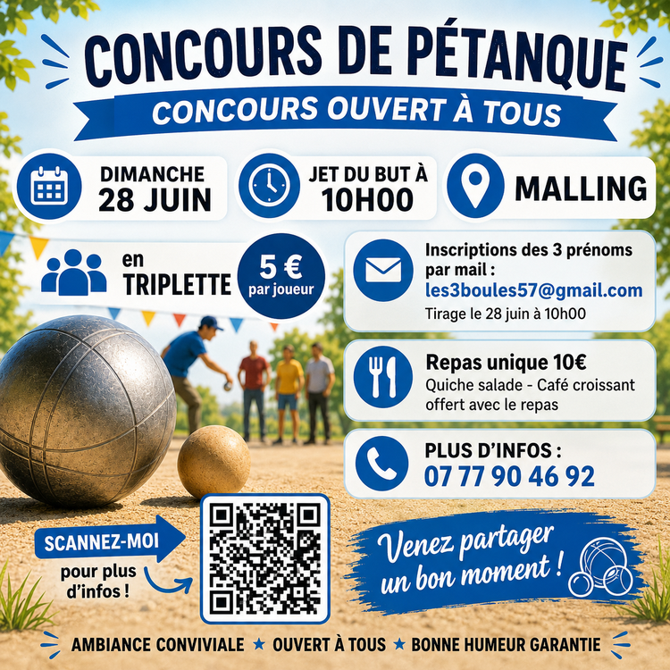 Concours en Triplette le 28 juin 2026 - Malling - 57480