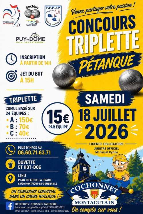 Concours en Triplette le 18 juillet 2026 - Lieu à définir (63) - 00000