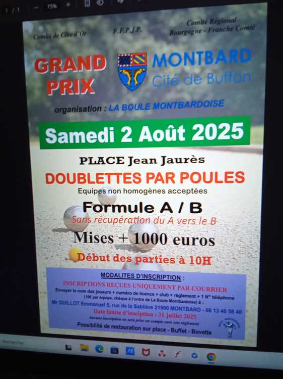 Concours en Doublette le 2 août 2025 - Montbard - 21500