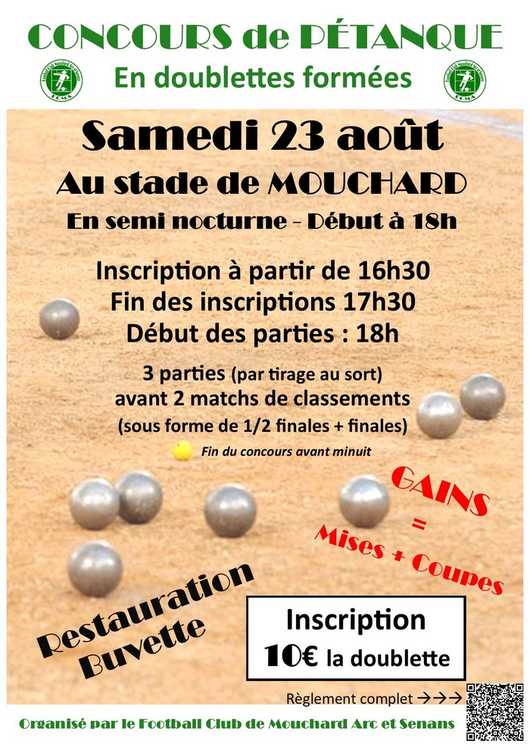 Concours en Doublette le 23 août 2025 - Mouchard - 39330