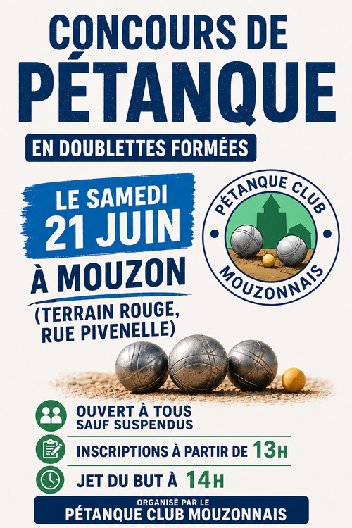 Concours en Doublette le 21 juin 2026 - Mouzon - 08210