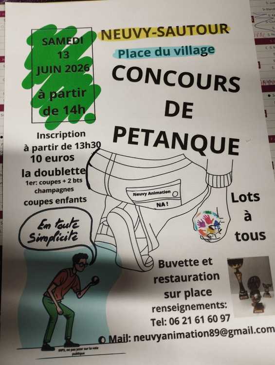 Concours en Doublette le 13 juin 2026 - Neuvy-Sautour - 89570